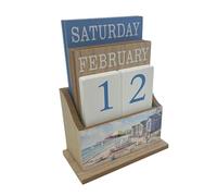 Sandy Beach Perpetual Calendar, 15.5x12cm Wooden Block Desk Calendar with Coastal Nautical Artwork