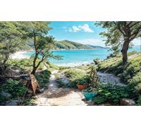 Sandy Cliff Beach Garden Mural, Tapestry & Curtain Waterproof Outdoor Wall Hanging, Coastal Pathway Wall Art & Seaside Fence Decor W118.11 inches x H70.87 Inches