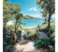 Sandy Cliff Beach Garden Mural, Tapestry & Curtain Waterproof Outdoor Wall Hanging, Coastal Pathway Wall Art & Seaside Fence Decor W70.87 inches x H70.87 inches