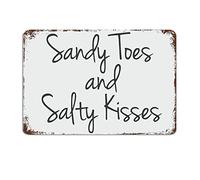 Sandy Toes And Salty Kisses Sign Small Beach Sign Beach Love Metal Sign with Quote Motivational Wall Decorations for Living Room Rustic Wall Art Kitchen Wall Hanger Retro Decoration Sign 8x12 inch