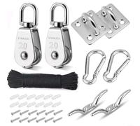 Sandyseptember 304 Stainless Steel Pulley Block System with 20M Nylon Rope, Double Swivel Pulleys and Carabiner Hooks For Garden, Workshop Lifting, Towing