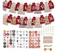 Sandyseptember Christmas Advent Calendar 24 Drawstring Bags with Wooden Tags Clips Stickers and Hemp Rope for Rustic Hanging Holiday Decorations Red