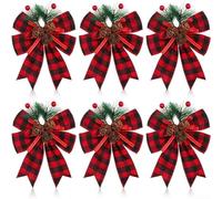 Sandyseptember Christmas Bows Pack of 6 Featuring Pine Cones and Pine Needles for Tree, Wreath and DIY Holiday Decoration Purposes (Red Hague)