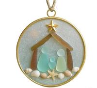 Sandyseptember Christmas Ornament Depicting Jesus Birth Scene With Coastal Sea Glass And Seashell Details Featuring A Golden Star(B)