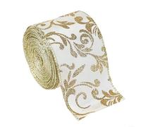 Sandyseptember Glitter Wired Ribbon Featuring Gold Swirl Pattern On Sheer Organza With Metallic Edges, Suitable For Wrapping, Holiday Decoration, And Craft Projects(Ribbon printed)