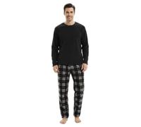 SaneShoppe Men's Thermal Fleece Pyjama Sets, Long Sleeve Nightwear Loungewear Set with Checked Trousers, Warm Winter Sleepwear for Men