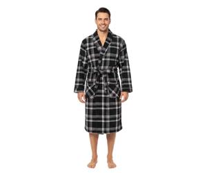 SaneShoppe Men's Warm Fleece Dressing Gown, Supersoft Cozy Long Sleeve Robes Black Check - L/XL
