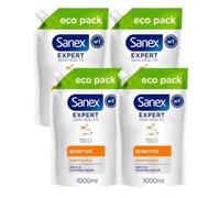 Sanex Expert Skin Health Sensitive Body Wash Shower Gel Refill 1L (4-Pack) | Refill Multi-Pack of 4 Gentle Shower Cream with Prebiotic Complex