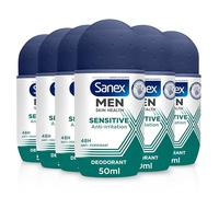 Sanex Men Sensitive Antiperspirant Roll-On Deodorant 6x50ml, 48 hour sweat protection, odour-fighting formula, slows down odour release, gentle on skin, 0% alcohol*