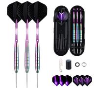 sanfeng Pro 3 Pack 24 Grams Steel Tip Darts Set With Colorful Brass Barrel, Purple Aluminum Shafts 9pcs Standard Flights + 50pcs Rubber O-Rings + 12pcs Spring Rings + 1pcs Dart Sharpener Tool