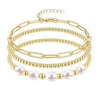 Sanfenly 5 PCS Initial Charm Bracelet for Women Gold Stack Pearl Beaded Bracelets Adjustable Colorful Paperclip Link Letter Waterproof Handmade Bracelet Summer Beach Trendy Jewelry Set (Letter A
