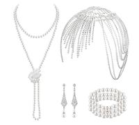 Sanfenly Accessories for Women Flapper Accessories 1920s Pearl Jewelry Set Roaring 20s Gold Silver Vintage Bridal Rhinestone Headpiece Long Faux Pearl Necklace Bracelet Earrings for Wedding Halloween