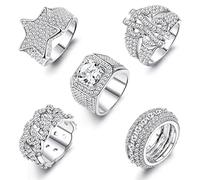 Sanfenly Iced Out Rings for Men Bling Fake Diamond Costume Pinky Rings Chunky Gold Silver 80s 90s Hip Hop Rings Star Cuban Chain Square US Dollar Sign Rapper Ring Fashion Cosplay Man Jewelry Ring Set,