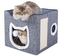 SANFERGE Cat Beds for Indoor Cats, Large Cat Cave House with Fluffy Ball Hanging & Scratch Pad, Foldable Cat Scratch House for Cats, 15.7x15.7x14.9 inches Grey