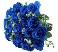 Sanfly Artificial Cemetery Flowers for Grave Decoration Blue Rose Fake Flowers Memorial Bouquet for Outdoor Headstones Tombstone Decor