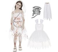 Sanfly Gothic Sleeveless Bloody Dress Set, Graveyard Bride Costume for Girls, Halloween Cosplay Outfits Dress, Veil and Body Chain