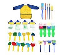 Sanfoelek 30PCS Children Paintbrushes Washable Paint Brushes Sponge Painting Brush Set with Apron for Toddler Kids Early DIY Learning Toys Finger Paints sponges Art Supplies s for Acrylic Crafts Rock