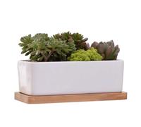 Sanfoelek White Rectangle Ceramic Flower Pot with Bamboo Tray Succulent Plant Pot for Table Desk Decoration