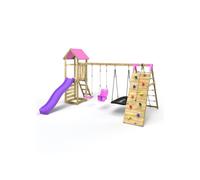 Rebo Challenge Wooden Garden Climbing Frame With Swings, Slide And Up & Over Climbing Wall For Kids - Sanford Pink