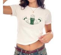 Sanfran Clothing Claddagh Beer Irish Stout Baby Tee T-Shirt Top St Paddy's Day 4 Leaf Clover Lucky 7 Y2K 90s Youth White - Medium
