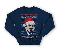 Sanfran Clothing Michael Scott Christmas Funny Happy Birthday Jesus US Office Jumper Sweater Small/Navy Blue