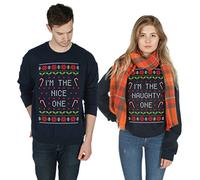 Sanfran - I'm The Nice/Naughty One Matching Christmas Top Xmas Ugly BFF Jumper Sweater - Medium & Extra Large/Navy Blue