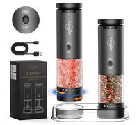 Sangcon Electric Salt and Pepper Grinder Set 2-Speed Rechargeable, 6-Levels External Adjustable Coarseness, Automatic Salt Pepper Mill Grinder Set with Storage Base, One-Handed Operation, Silver