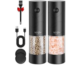 Sangcon Electric Salt and Pepper Grinder Set USB Rechargeable,Large Capacity Automatic Salt and Pepper Grinder Set,One Hand Operation,6 Adjustable Coarseness & LED Lights with Dust Cover