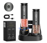 Sangcon Electric Salt and Pepper Grinder Set with Charging Base, USB Rechargeable Adjustable Speed LED Light Adjustable Grinding Coarseness