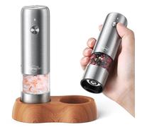 Sangcon Mini Electric Salt and Pepper Grinder Set with Wood Base, Portable USB Rechargeable Children's Pepper Mill, 5 Strengths Adjustable Small Automatic Salt Pepper Mill Grinder Stainless Steel