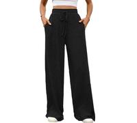 Sangdut Women's Ribbed Knit Trousers, Palazzo Lounge Trousers, Autumn, Wide Leg, High Waist, Casual Trousers, Plain Fabric Trousers with Pockets, black, L