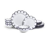 Sango 12-Piece Earthenware Dinnerware Set for 4, Glossy White Plates and Bowls Sets with Navy Scalloped Rims, Premium Dish Set, Holiday Dishes for Gifting & Hosting Christmas Party, Splash of Cheers