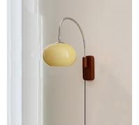 SANGPAO Nordic Light Luxury Plug In Modern Wall Sconce Mid Century With White Milk Glass Vintage Industrial Wood Wall Light Hardwired Smoke Grey Amber Farmhouse Reading Wall Lamp For Bedroom Bedside