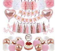 Sangping Pink Birthday Party Decorations, Happy Birthday Banner, Reusable Decoration Set, Girls Women with Tissue Paper Pompoms, Pink Confetti Balloons