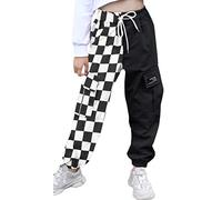 SANGTREE Girls & Womens Drawstring Cargo Jogger Pants,3 Years - Women 3XL, Colorblock-black White Checked, L