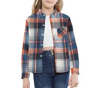 SANGTREE Girls' Women's Long Sleeve Flannel Plaid Shirt Button Down Cotton Shirts, 3 Months - US 2XL, Orange Blue, 7-8 years