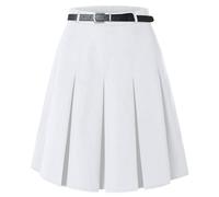 SANGTREE Women White Pleated Skirt Above The Knee Length, Women 2 Pockets A Line Skirt, Summer Uniform Short Midi Skirt with Belt Loops Dressy Casual, White-mid Long, US M