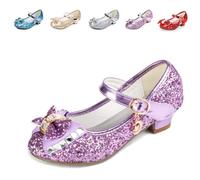 Sangyn Girls Purple Princess Dress Shoes Mary Jane Sequins Bridesmaids Shoes Cinderella Sparkle Heels Size 2 UK Child