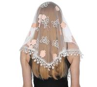 SanHeng Lace Mantilla Veil Triangle Scarf, Flower Printed Catholic Church Veil Mass Veil Chapel Veil Head Covering Embroidery Tassel Evening Shawl Wrap for Women Lady Wedding Prom Formal Party (White)