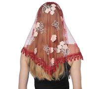 SanHeng Lace Mantilla Veil Triangle Scarf, Flower Printed Catholic Church Veil Mass Veil Chapel Veil Head Covering Embroidery Tassel Evening Shawl Wrap for Women Lady Wedding Prom Formal Party (Red)