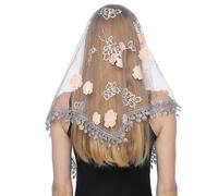 SanHeng Lace Mantilla Veil Triangle Scarf, Flower Printed Catholic Church Veil Mass Veil Chapel Veil Head Covering Embroidery Tassel Evening Shawl Wrap for Women Lady Wedding Prom Formal Party (Grey)