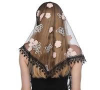 SanHeng Lace Mantilla Veil Triangle Scarf, Flower Printed Catholic Church Veil Mass Veil Chapel Veil Head Covering Embroidery Tassel Evening Shawl Wrap for Women Lady Wedding Prom Formal Party (Black)