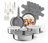 Sanho 21-Piece Pots and Pans Set, Ceramic Nonstick Cookware with Detachable Handles, 4-Layer Stainless Steel & Aluminum Core, Induction Hob Pan Set, Oven Safe, PFAS PFOA Free (Grey)