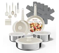 Sanho 21-Piece Pots and Pans Set, Ceramic Nonstick Cookware with Detachable Handles, 4-Layer Stainless Steel & Aluminum Core, Induction Hob Pan Set, Oven Safe, PFAS PFOA Free (Beige White)