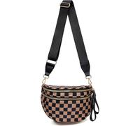 SANIKAWA Crossbody Bum Bags for Women, Spacious Nylon Checkered Black and White Handbags Wallets Oversized Slouchy Belt Bag (Brown)