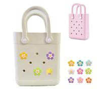 SANIKAWA Mini Rubber Tote Bag, Waterproof Beach Bag, Small Travel Handbag Beach Bag with 9 Pcs Charms Accessories for Women (White)