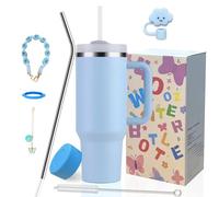 Sanilinwild 40 oz Tumbler Insulated Mug w/Straw & Flip Cap Lids - Cup Holder Bottle with 6 Accessories Set for Hot, Cold Drink - Leak-Proof - Water, Coffee Portable Travel Mug (Sky Blue)