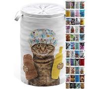 Sanilo Laundry Basket with Lid, Round Storage Container 60 Litres, Foldable Laundry Bin with Handles (Shower Cat)