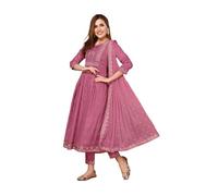 Sanisa Women's Chinnon Foil & Pigment Print Anarkali Kurta with Trousers and Jacquard Work Dupatta, Dusty Pink, XL