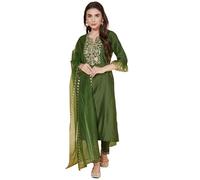 Sanisa Women's Chinnon Silk & Organza Sequence and Embroidery Work Straight Kurta with Pant and Dupatta Set, Green, XL